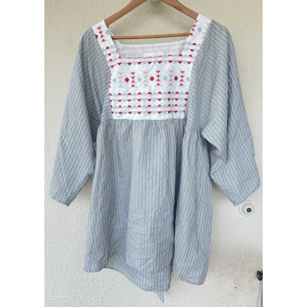 POMANDER PLACE Sage Stripe Embroidered Sadona Mini Dress Medium Cottage Prairie - Picture 5 of 11